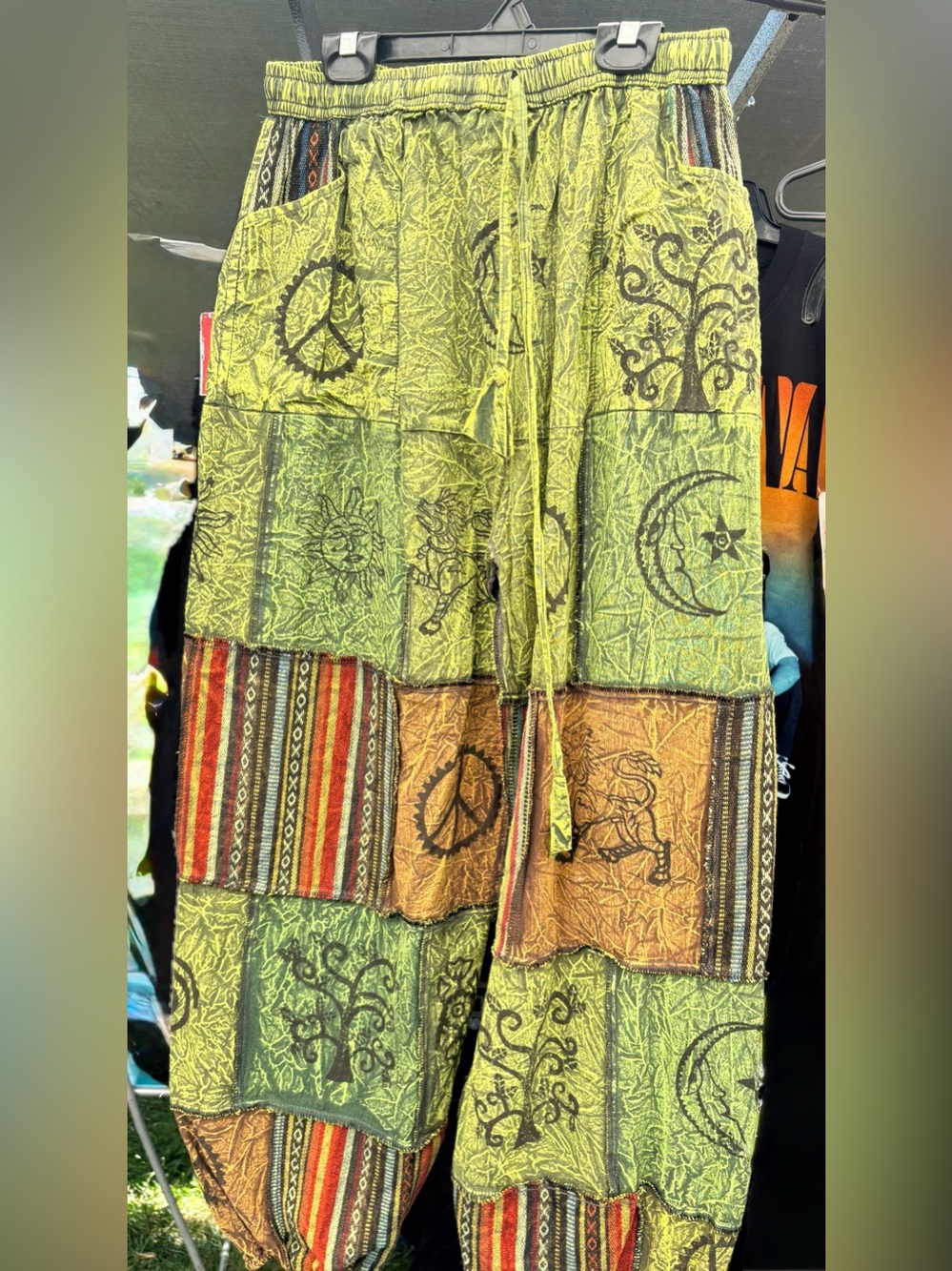 Boho Patchwork Peace Symbol Harem Pants in Lime & Tan